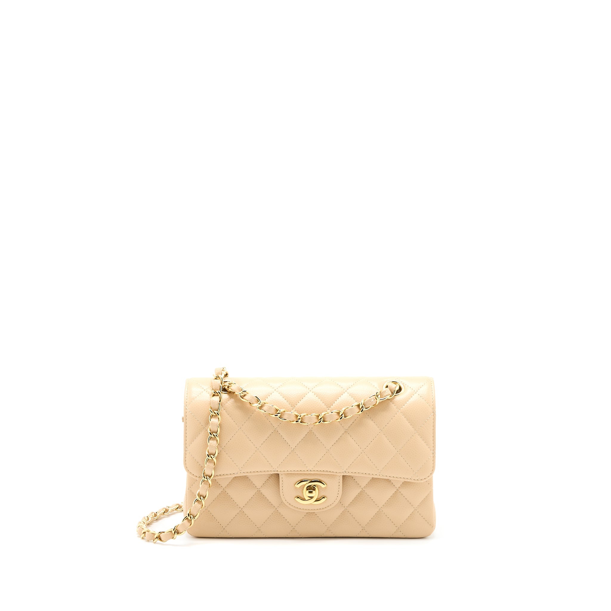 CHANEL SMALL CLASSIC DOUBLE FLAP BAG CAVIAR BEIGE GHW (MICROCHIP)