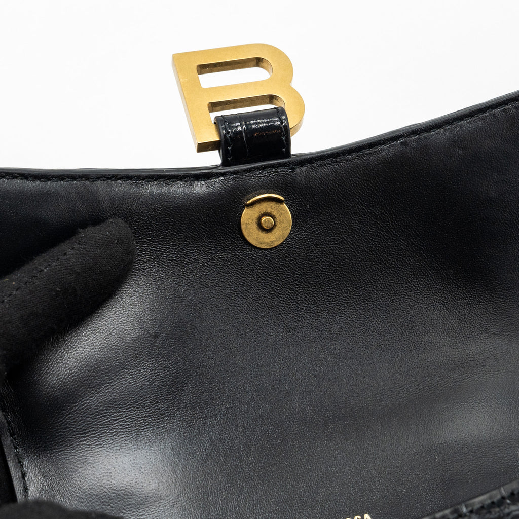 BALENCIAGA HOURGLASS XS HANDBAG CROCODILE EMBOSSED BLACK GHW