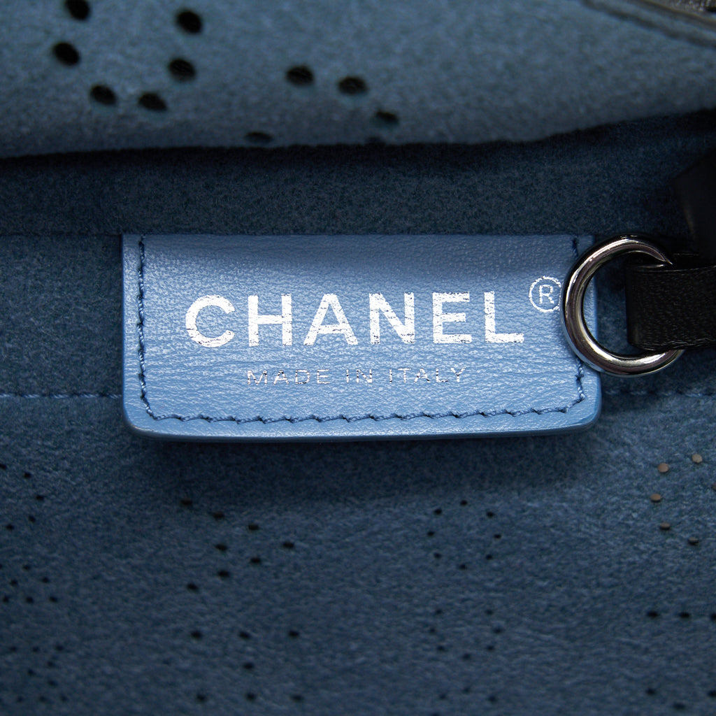 CHANEL EYELET LOGO CALFSKIN TOTE BAG BLACK/ BLUE SHW