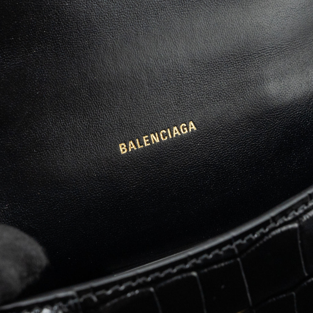 BALENCIAGA HOURGLASS XS HANDBAG CROCODILE EMBOSSED BLACK GHW