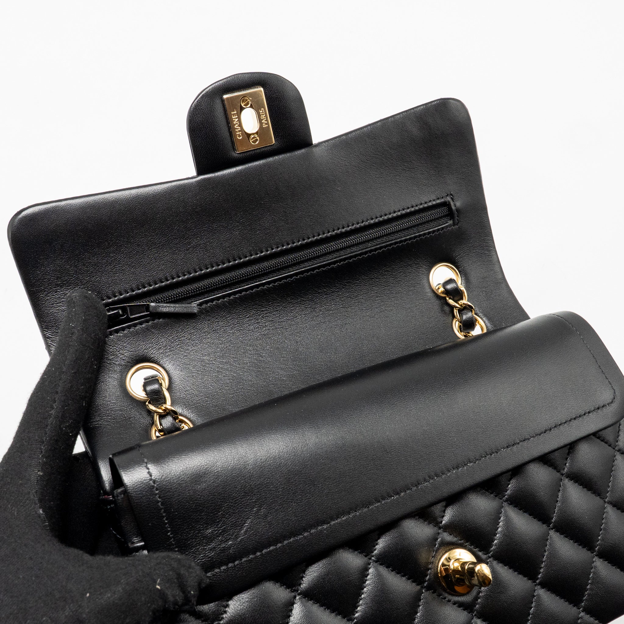 CHANEL SMALL CLASSIC DOUBLE FLAP BAG LAMBSKIN BLACK LGHW (MICROCHIP)