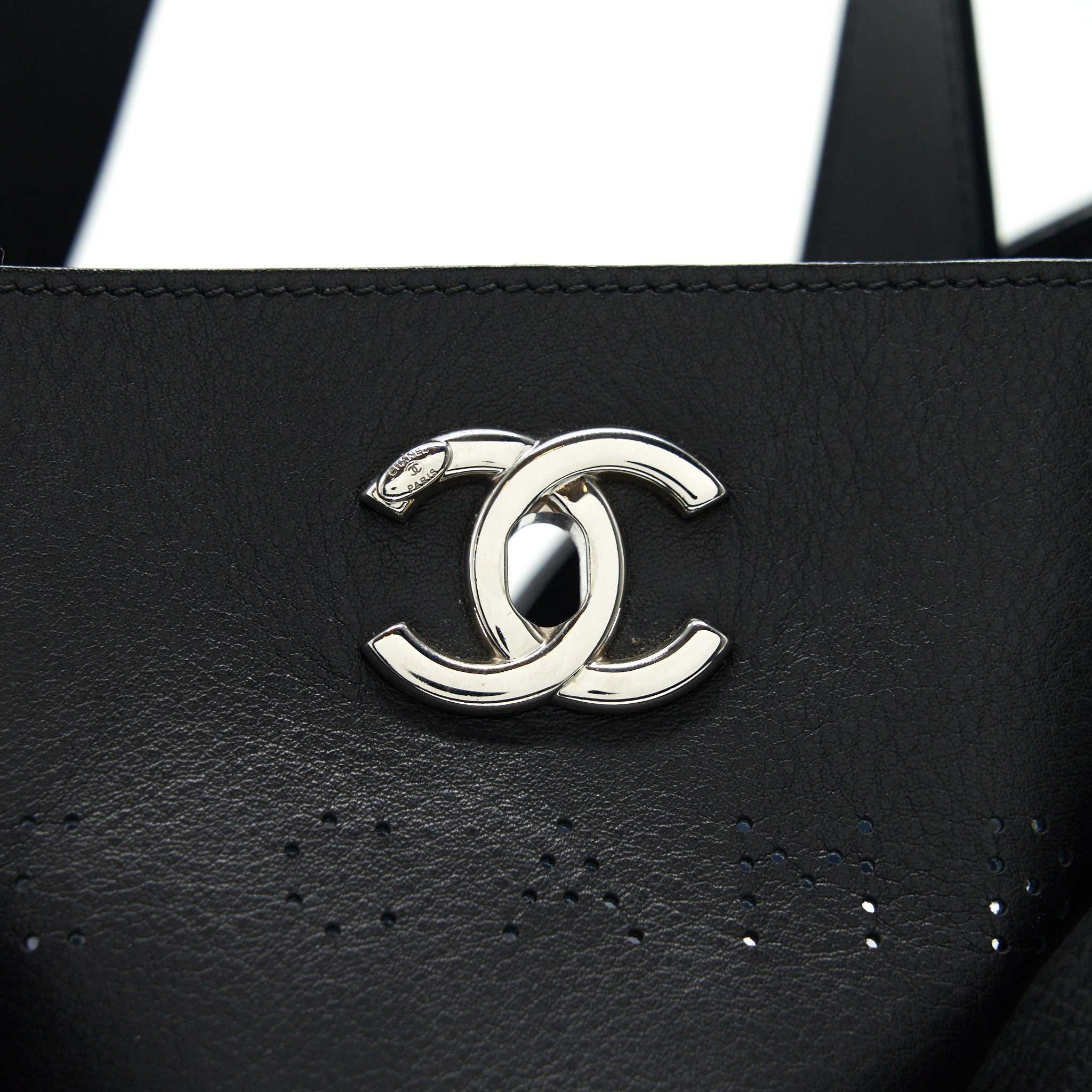 CHANEL EYELET LOGO CALFSKIN TOTE BAG BLACK/ BLUE SHW
