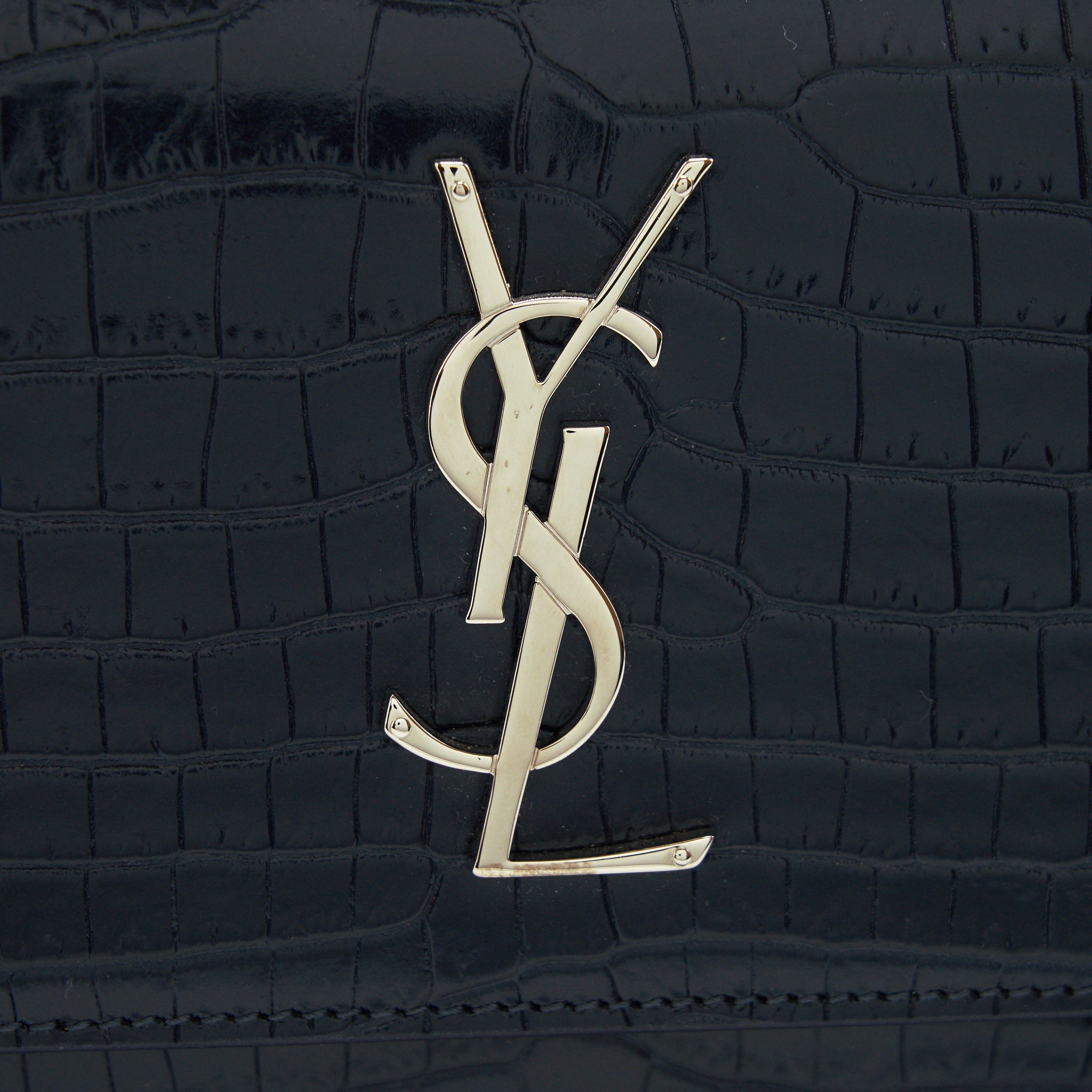 SAINT LAURENT MEDIUM SUNSET BAG CROC EMBOSSED CALFSKIN DARK BLUE SHW