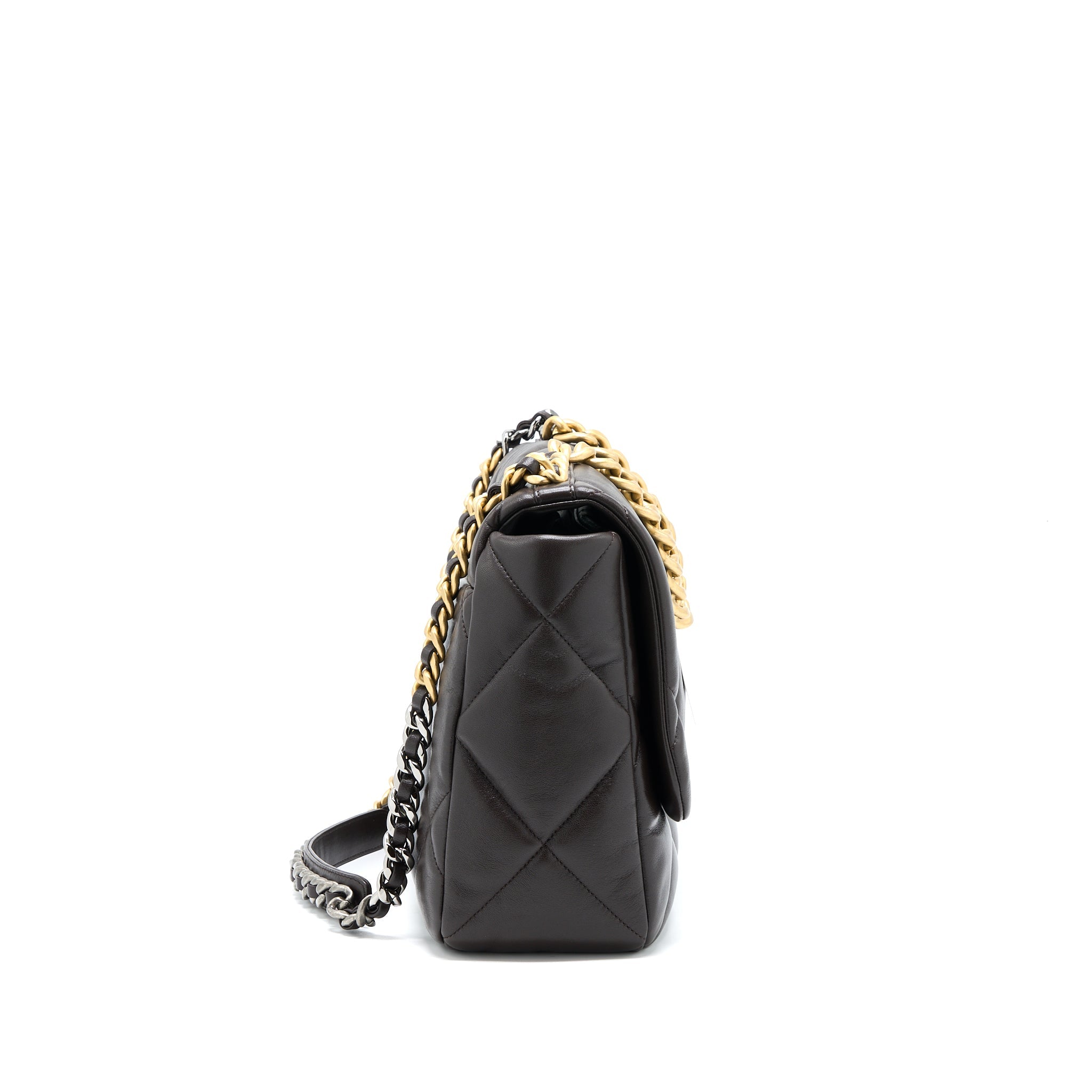 CHANEL 21A MAXI 19 FLAP BAG LAMBSKIN DARK BROWN MULTICOLOUR HARDWARE (MICROCHIP)