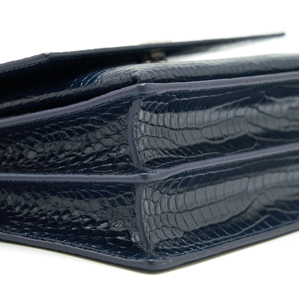SAINT LAURENT MEDIUM SUNSET BAG CROC EMBOSSED CALFSKIN DARK BLUE SHW