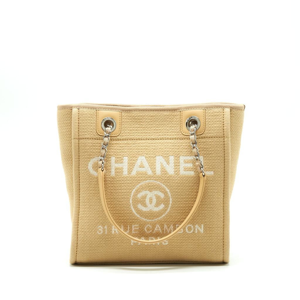 CHANEL DEAUVILLE PM CHAIN TOTE BAG CANVAS DARK BEIGE SHW (MICROCHIP)