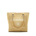 CHANEL DEAUVILLE PM CHAIN TOTE BAG CANVAS DARK BEIGE SHW (MICROCHIP)