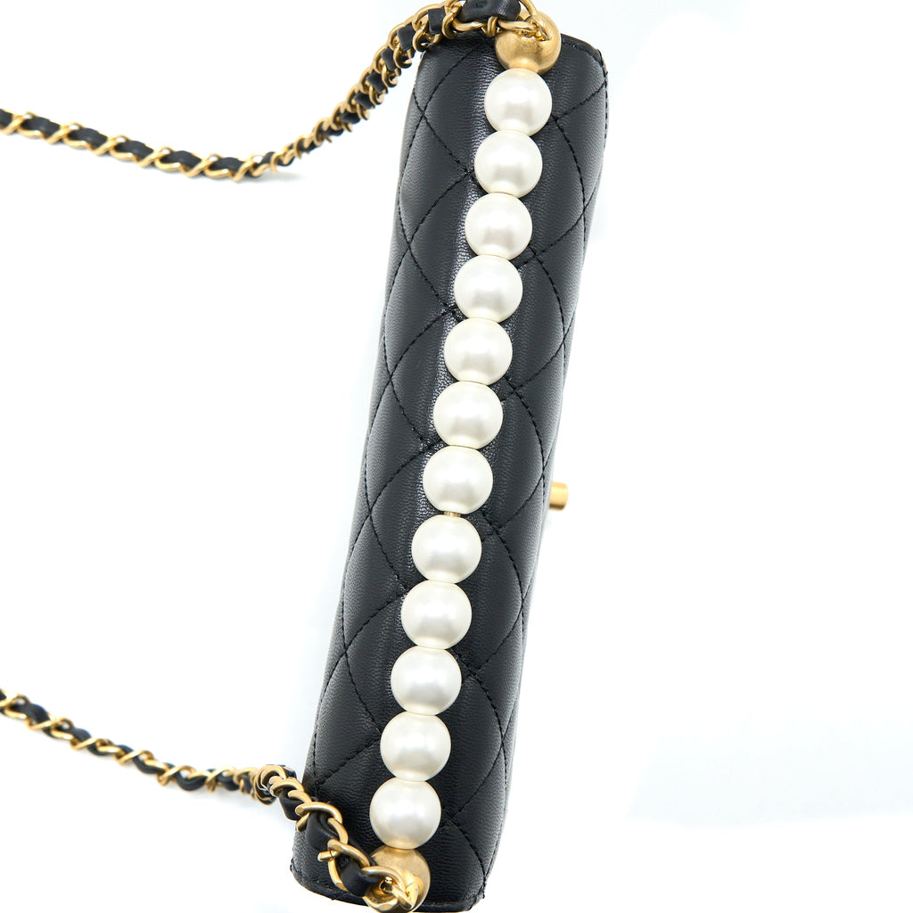 CHANEL 20C PEARL FLAP BAG GOATSKIN BLACK GHW