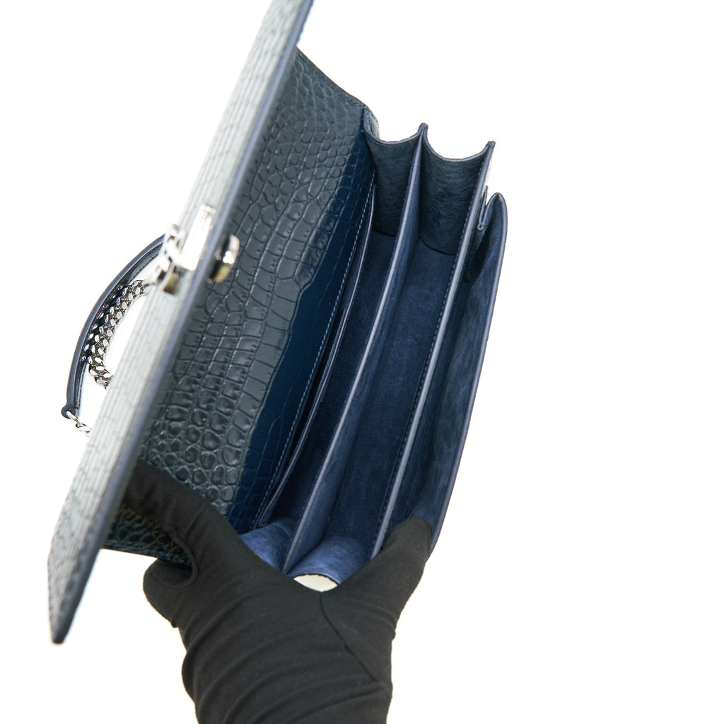 SAINT LAURENT MEDIUM SUNSET BAG CROC EMBOSSED CALFSKIN DARK BLUE SHW