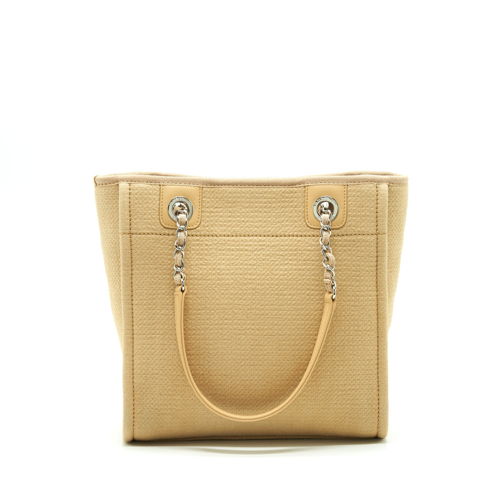 CHANEL DEAUVILLE PM CHAIN TOTE BAG CANVAS DARK BEIGE SHW (MICROCHIP)