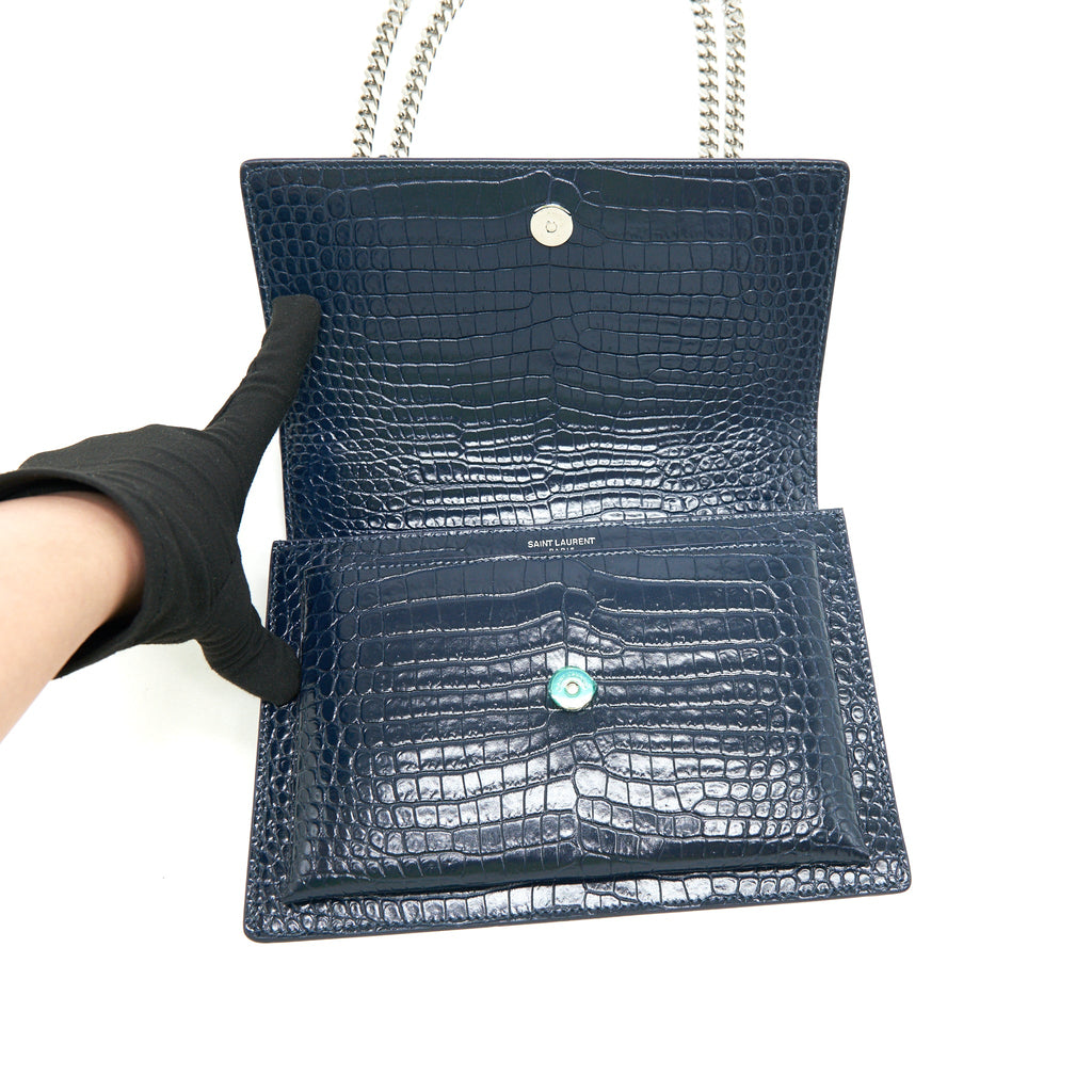 SAINT LAURENT MEDIUM SUNSET BAG CROC EMBOSSED CALFSKIN DARK BLUE SHW