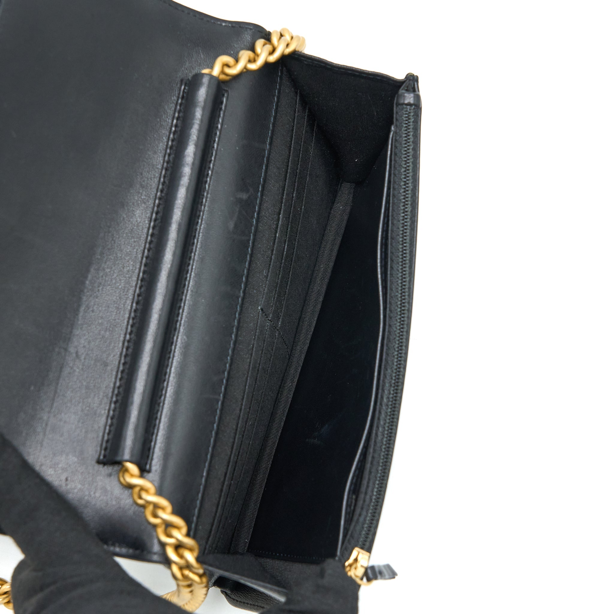CHANEL BOY WALLET ON CHAIN LAMBSKIN BLACK BRUSHED GHW