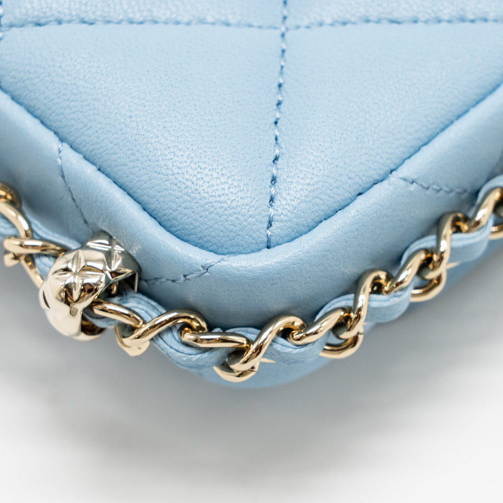 CHANEL MINI FLAP CLUTCH WITH CHAIM LAMBSKIN LIGHT BLUE LGHW