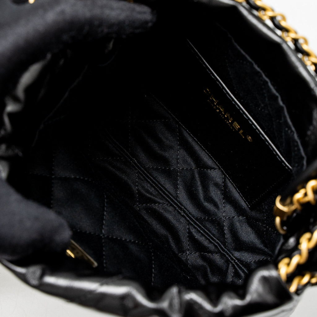 CHANEL 23S MINI 22 BAG SHINY CALFSKIN BLACK BRUSHED GHW (MICROCHIP)