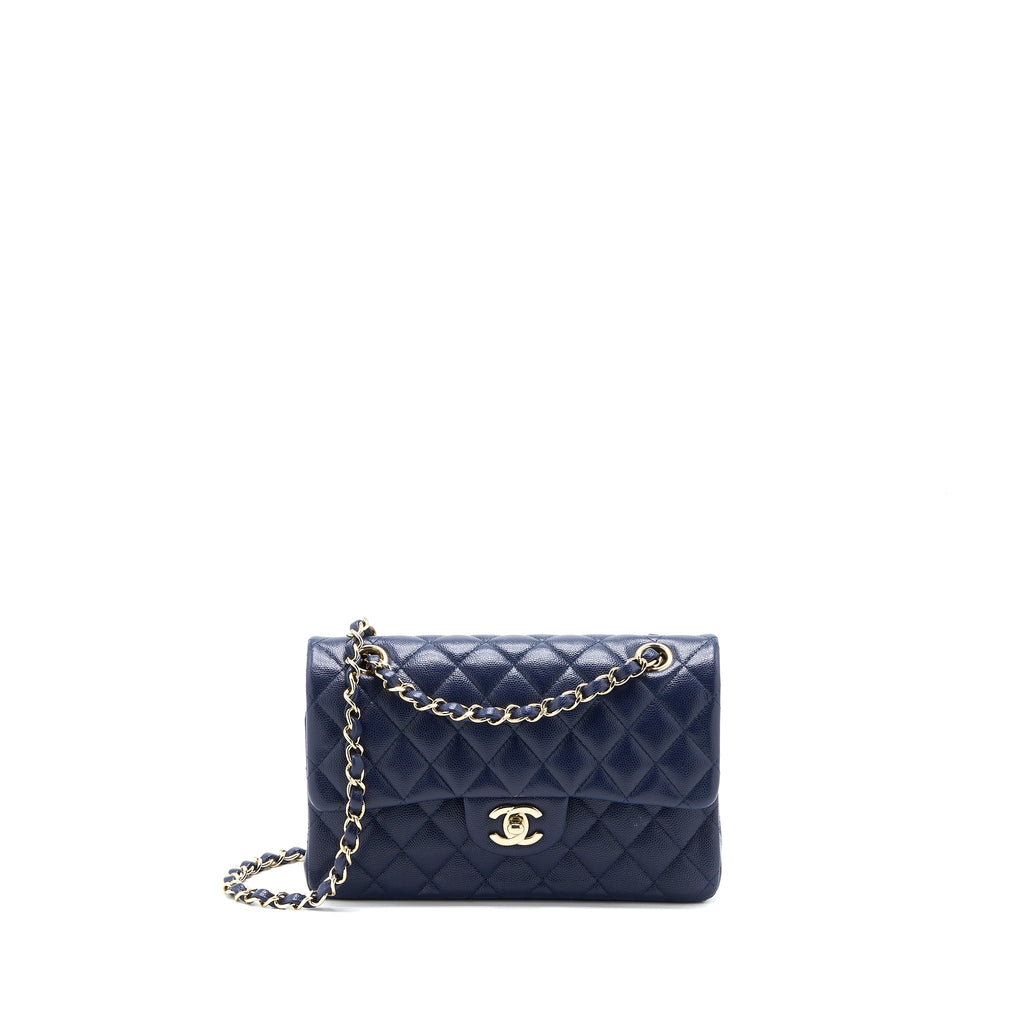CHANEL SMALL CLASSIC DOUBLE FLAP BAG CAVIAR DARK BLUE LGHW