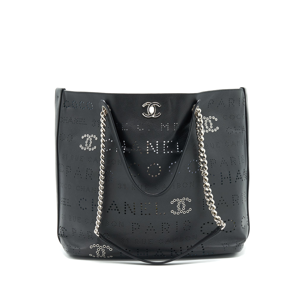 CHANEL EYELET LOGO CALFSKIN TOTE BAG BLACK/ BLUE SHW