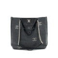 CHANEL EYELET LOGO CALFSKIN TOTE BAG BLACK/ BLUE SHW