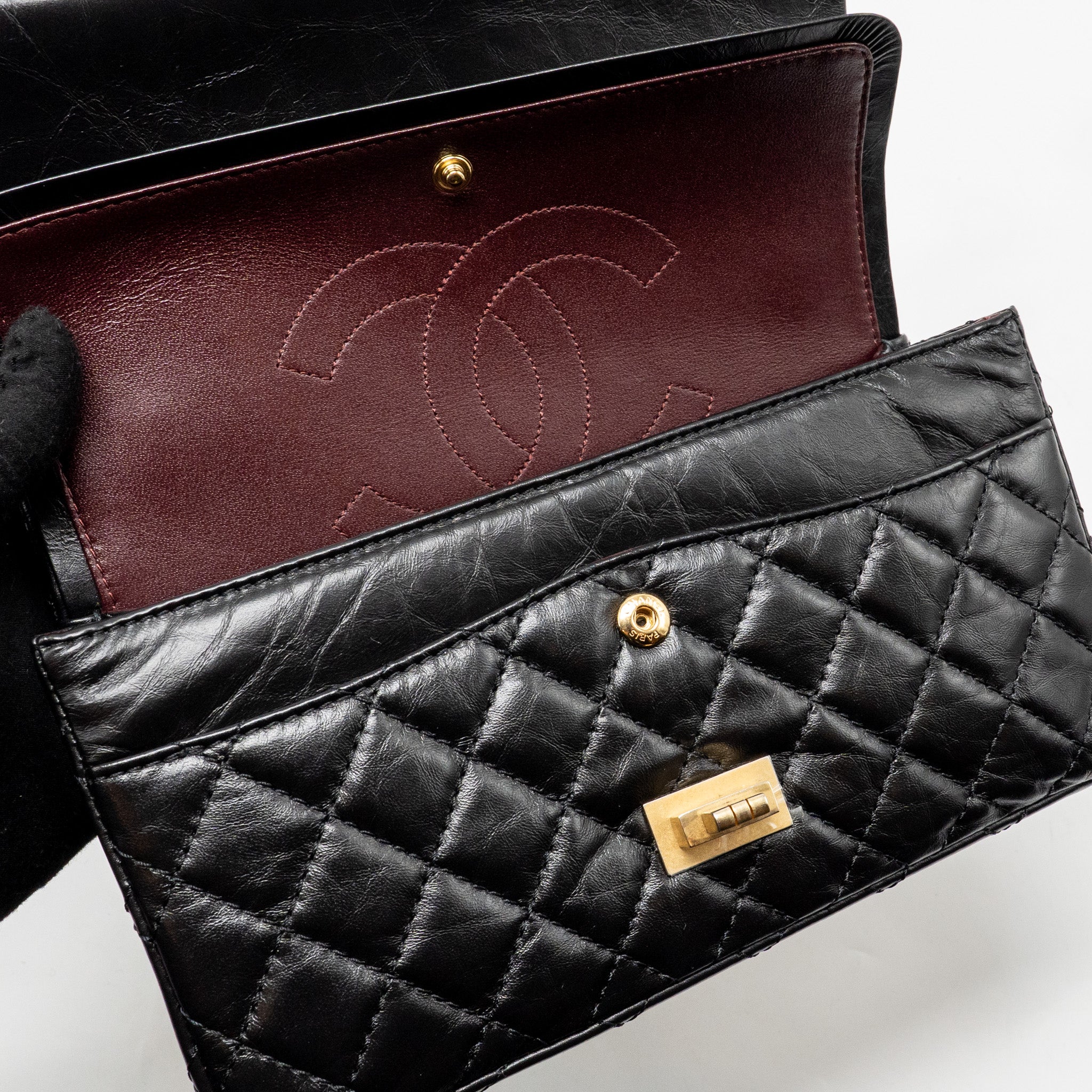 CHANEL SMALL 2.55 REISSUE FLAP BAG AGED CALFSKIN BLACK GHW