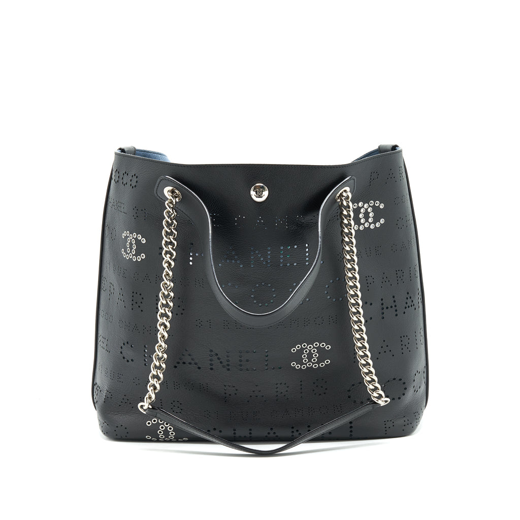 CHANEL EYELET LOGO CALFSKIN TOTE BAG BLACK/ BLUE SHW