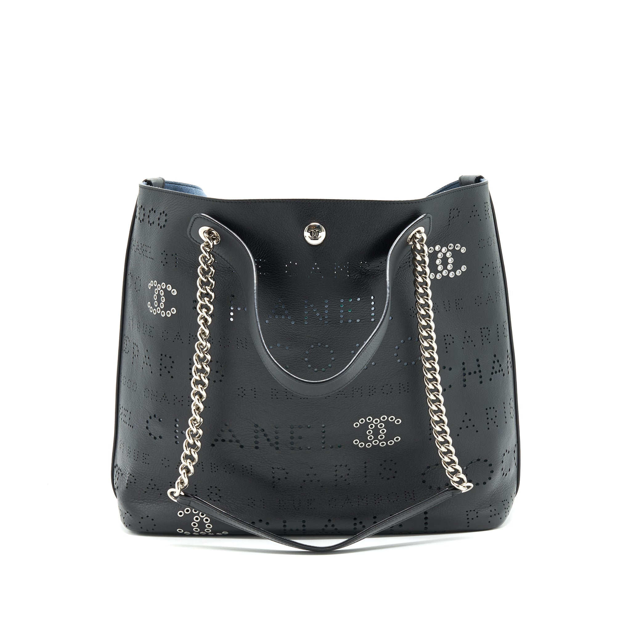 CHANEL EYELET LOGO CALFSKIN TOTE BAG BLACK/ BLUE SHW