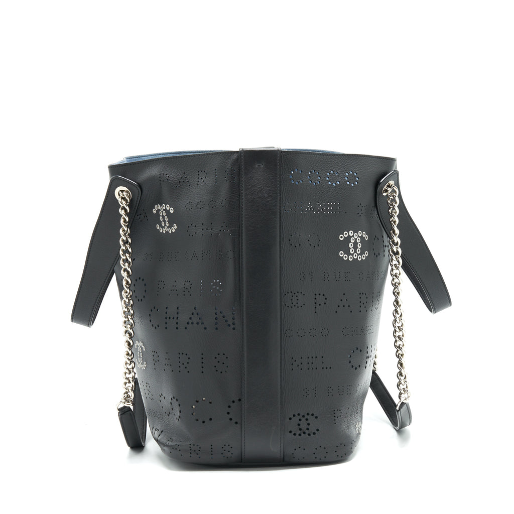 CHANEL EYELET LOGO CALFSKIN TOTE BAG BLACK/ BLUE SHW