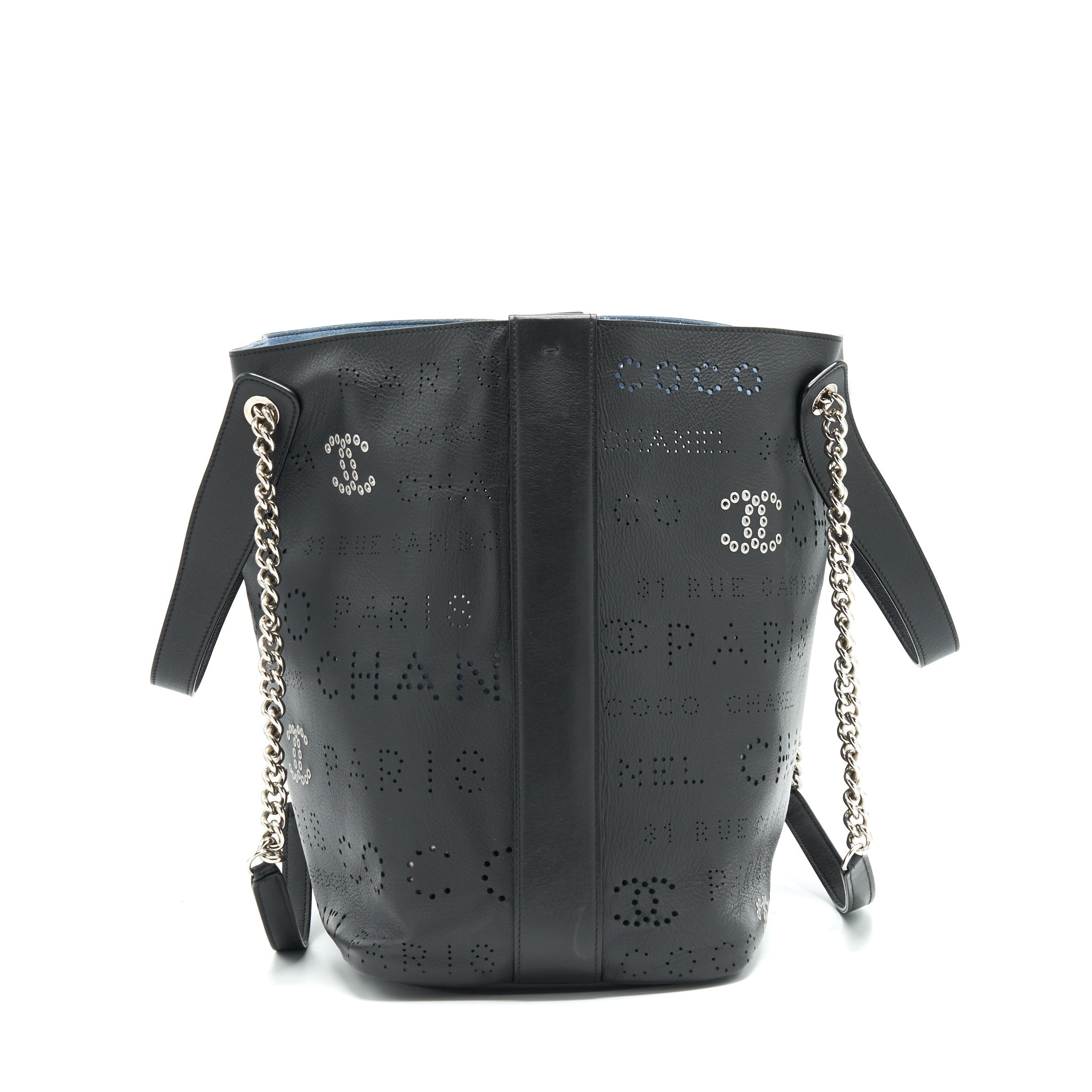 CHANEL EYELET LOGO CALFSKIN TOTE BAG BLACK/ BLUE SHW