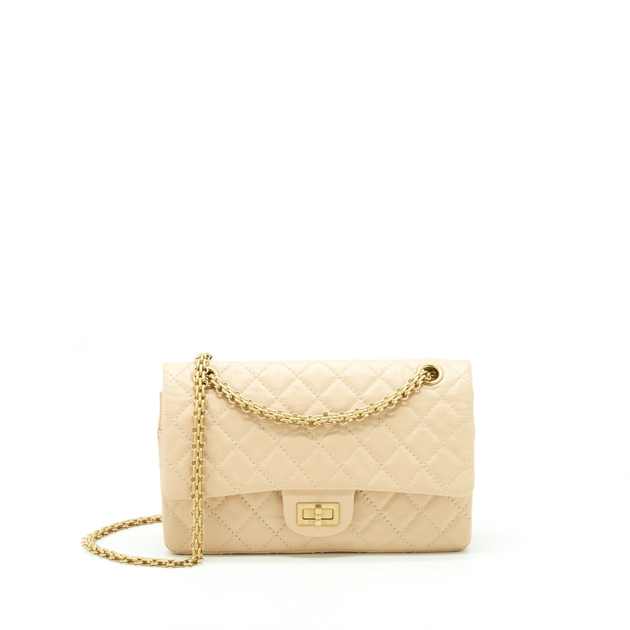 CHANEL 2.55 225 REISSUE DOUBLE FLAP BAG CALFSKIN LIGHT BEIGE GHW