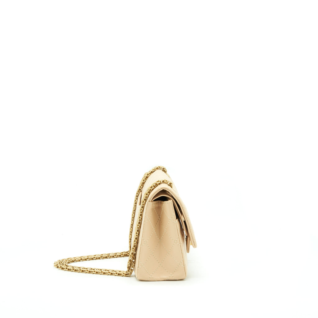 CHANEL 2.55 225 REISSUE DOUBLE FLAP BAG CALFSKIN LIGHT BEIGE GHW