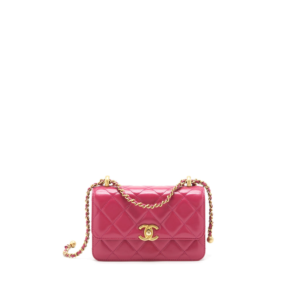 CHANEL 21A SMALL GOLD CRUSH FLAP BAG WITH CHAIN CALFSKIN RASPBERRY PINK GHW (MICROCHIP)