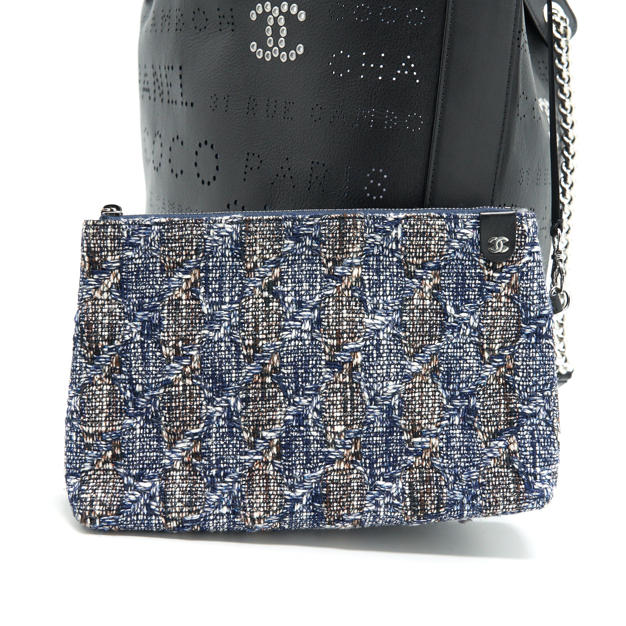 CHANEL EYELET LOGO CALFSKIN TOTE BAG BLACK/ BLUE SHW
