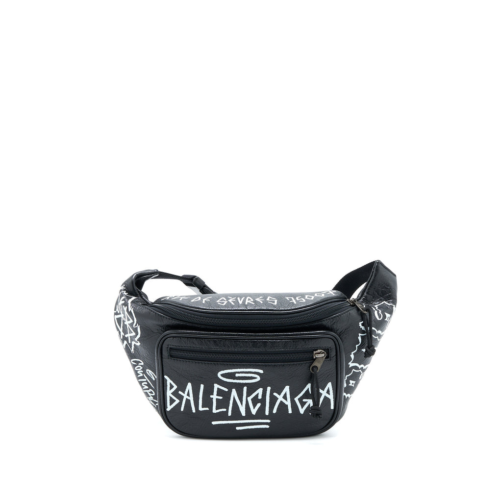 BALENCIAGA GRAFFITI WAIST BAG LEATHER BLACK RUTHENIUM HARDWARE