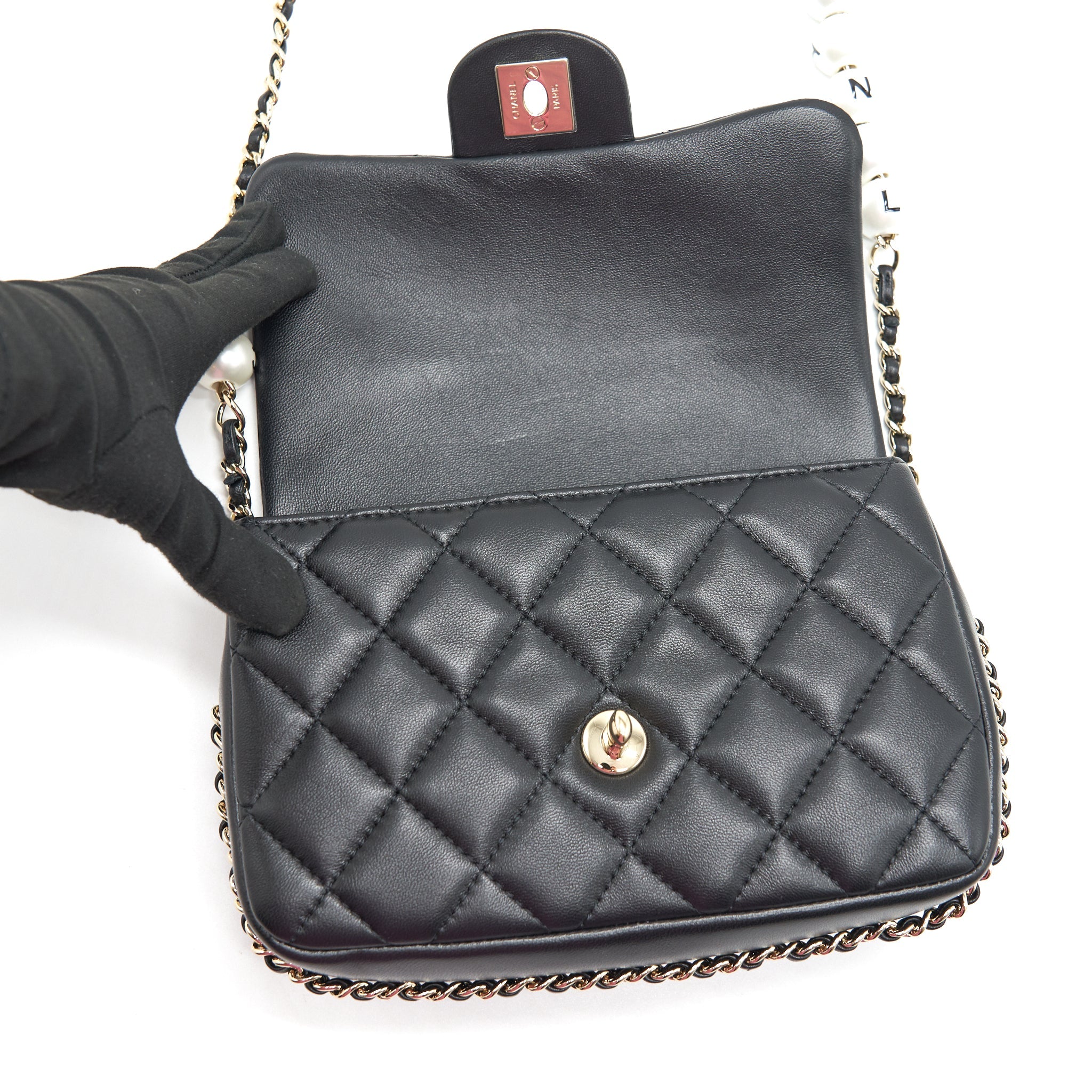 CHANEL LOGO PEARL CHAIN MINI FLAP BAG GHW