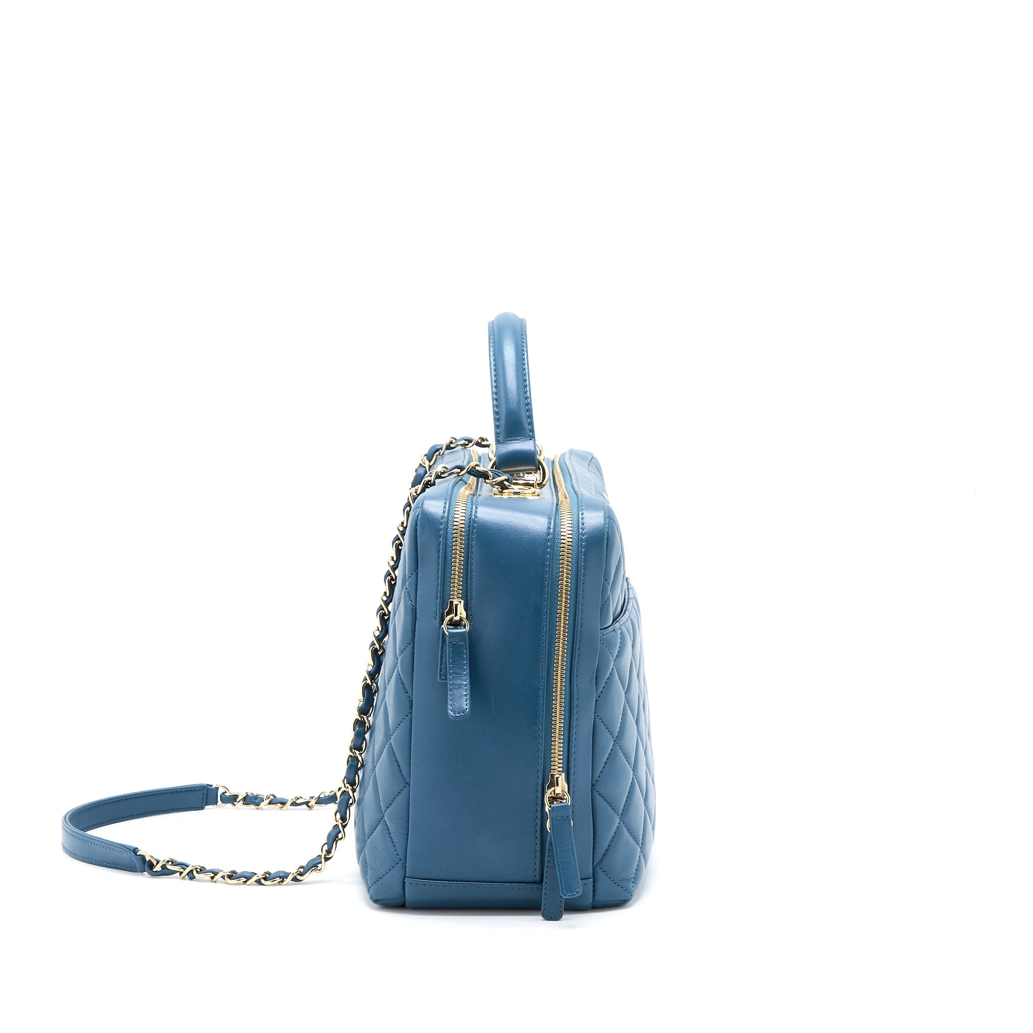 CHANEL QUILTED LARGE TRENDY CC BOWLING BAG LAMBSKIN BLUE LGHW