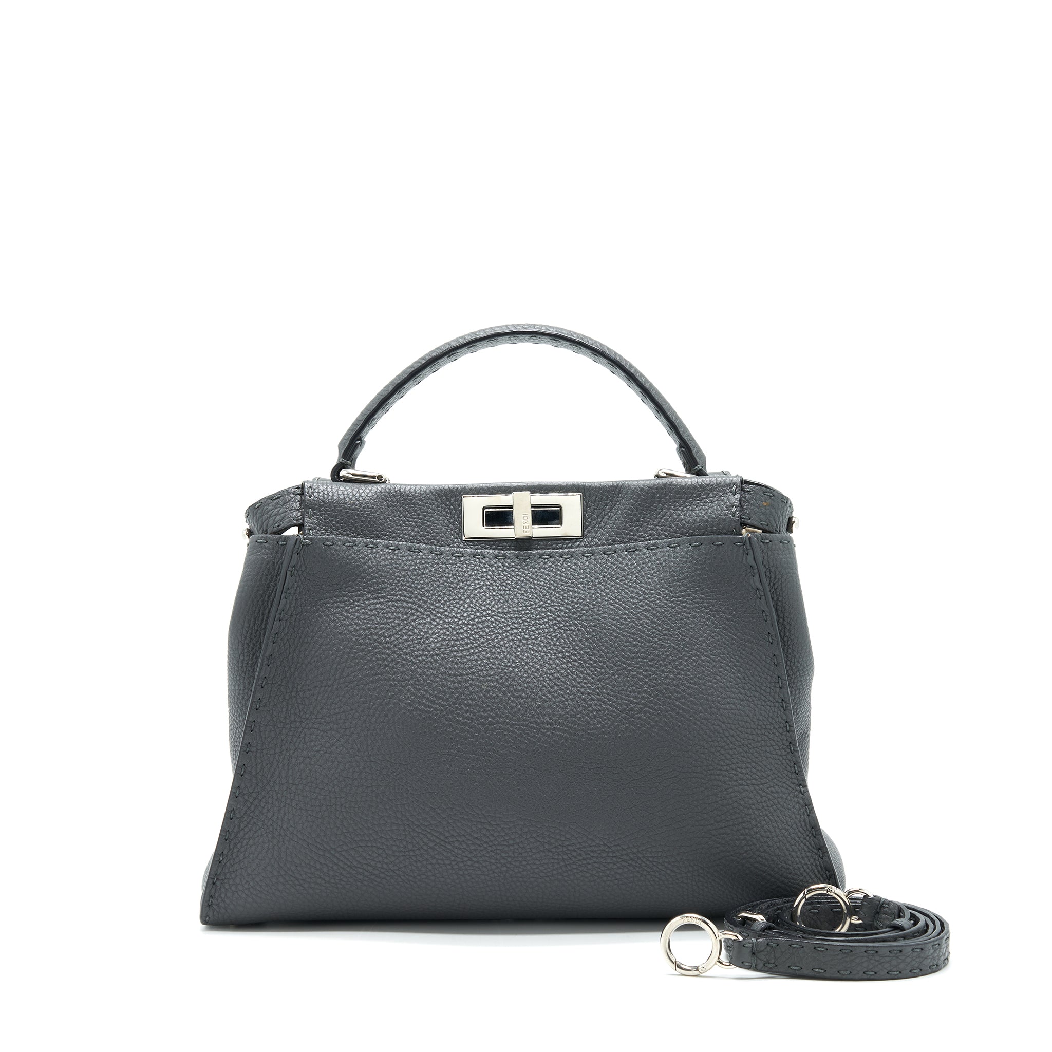 FENDI GRAINED CALFSKIN MEDIUM PEEKABOO TOTE BAG DARK GREY SHW
