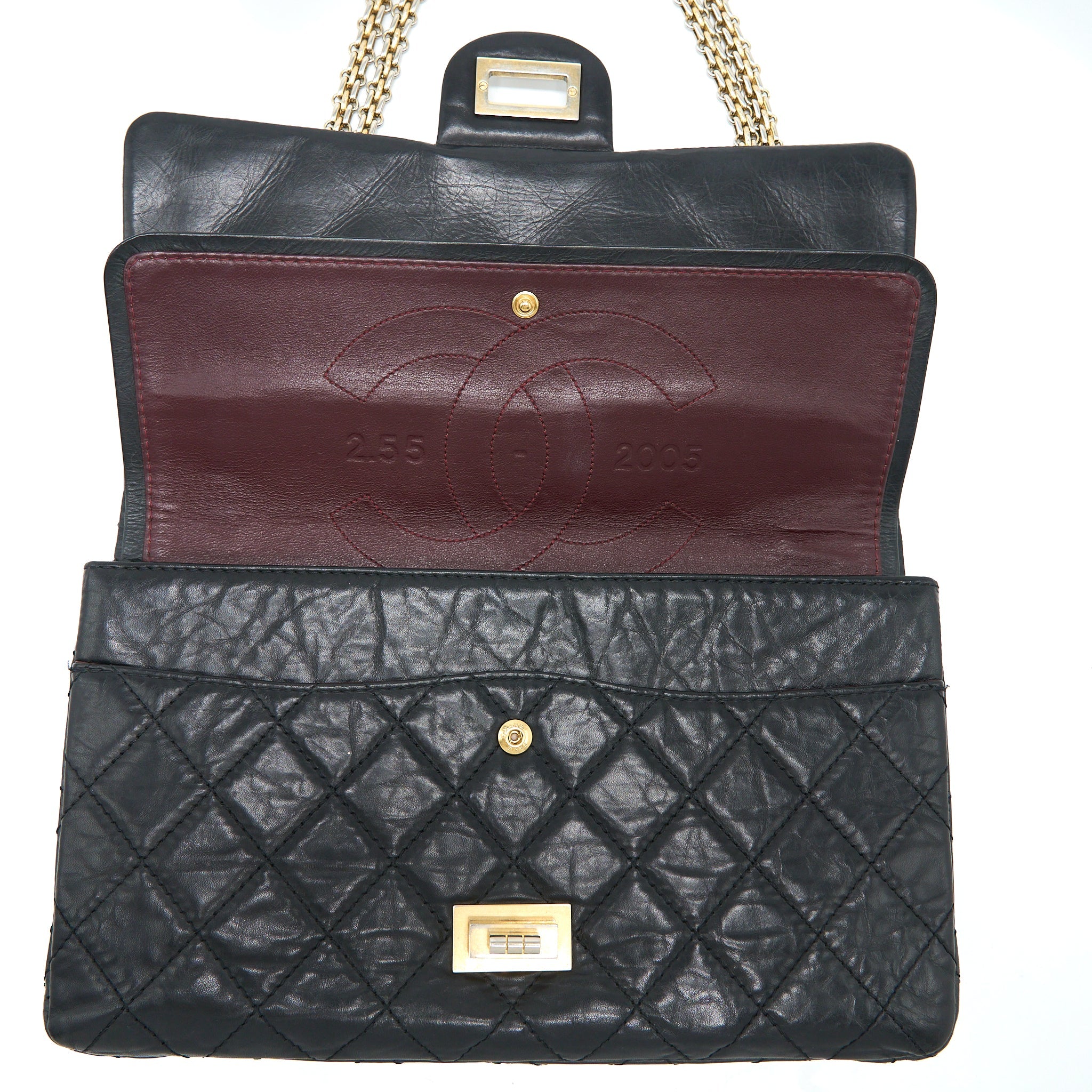 CHANEL 2.55 227 MAXI REISSUE FLAP BAG AGED CALFSKIN BLACK LGHW