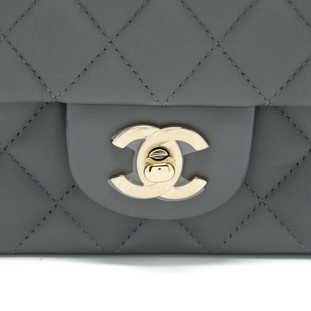 CHANEL TOP HANDLE MINI RECTANGULAR FLAP BAG LAMBSKIN GREY LGHW (MICROCHIP)