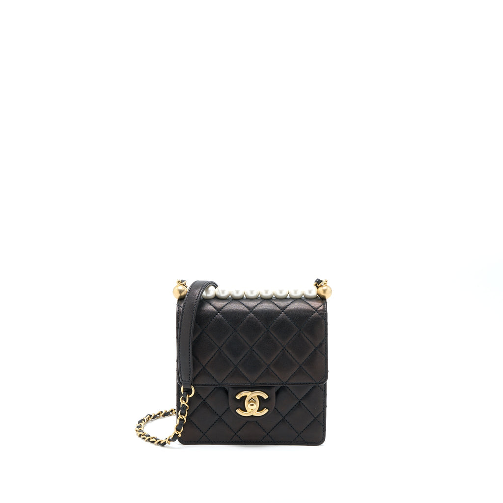 CHANEL VERTICAL PEARL FLAP BAG GOATSKIN BLACK GHW