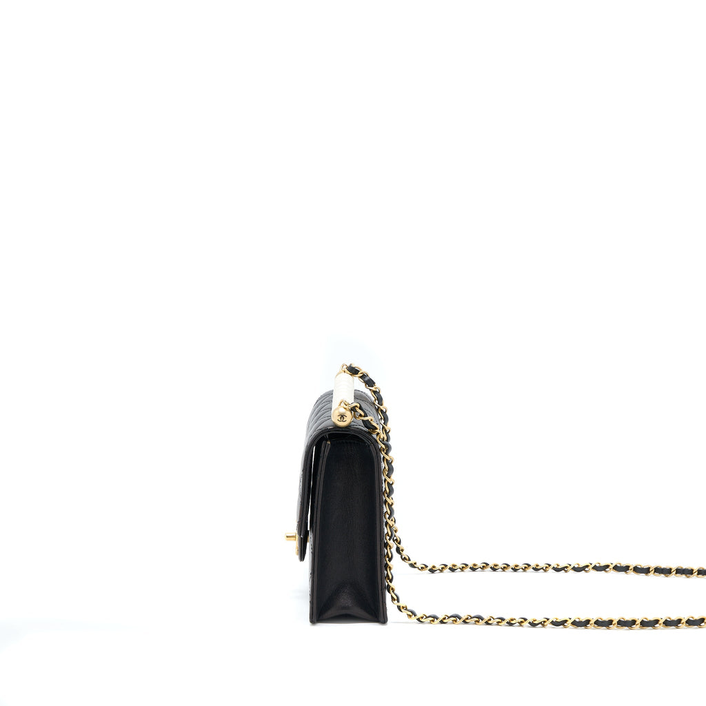 CHANEL VERTICAL PEARL FLAP BAG GOATSKIN BLACK GHW