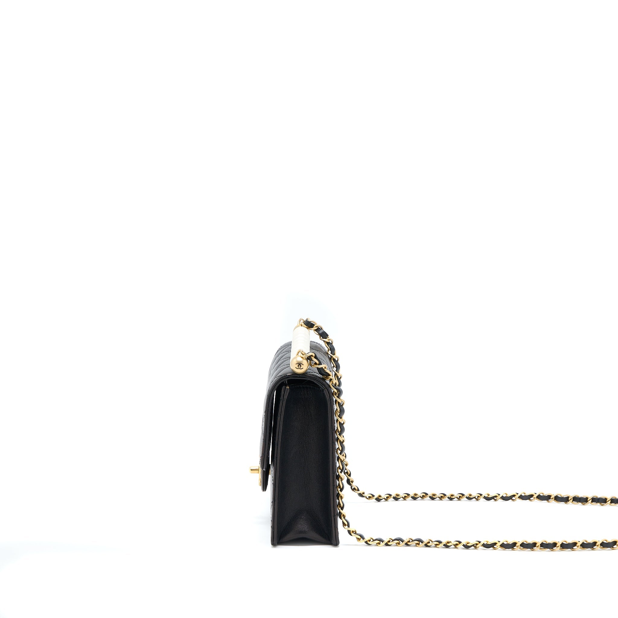 CHANEL VERTICAL PEARL FLAP BAG GOATSKIN BLACK GHW