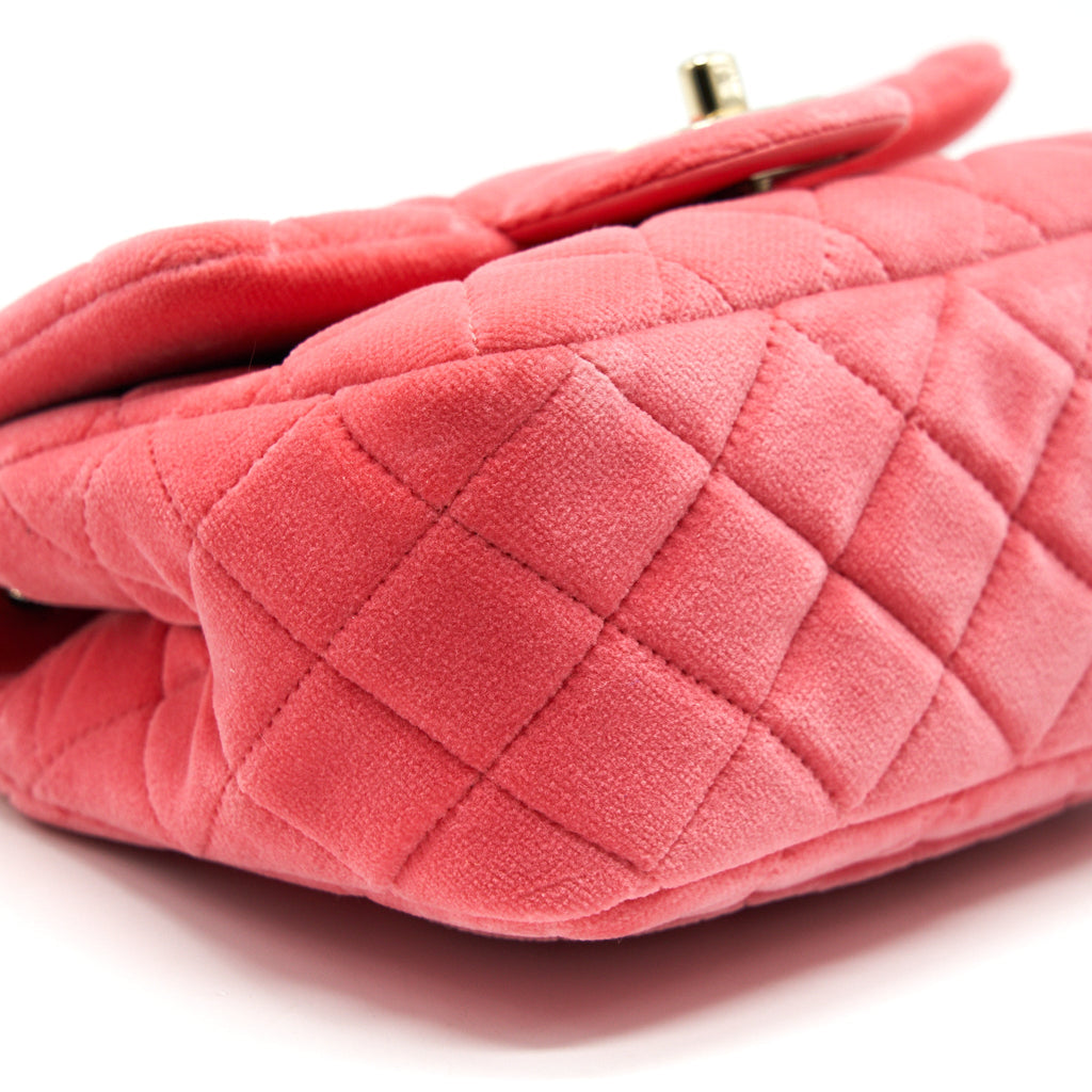 CHANEL VELVET QUILTED MINI SQUARE PEARL CRUSH FLAP BAG PINK