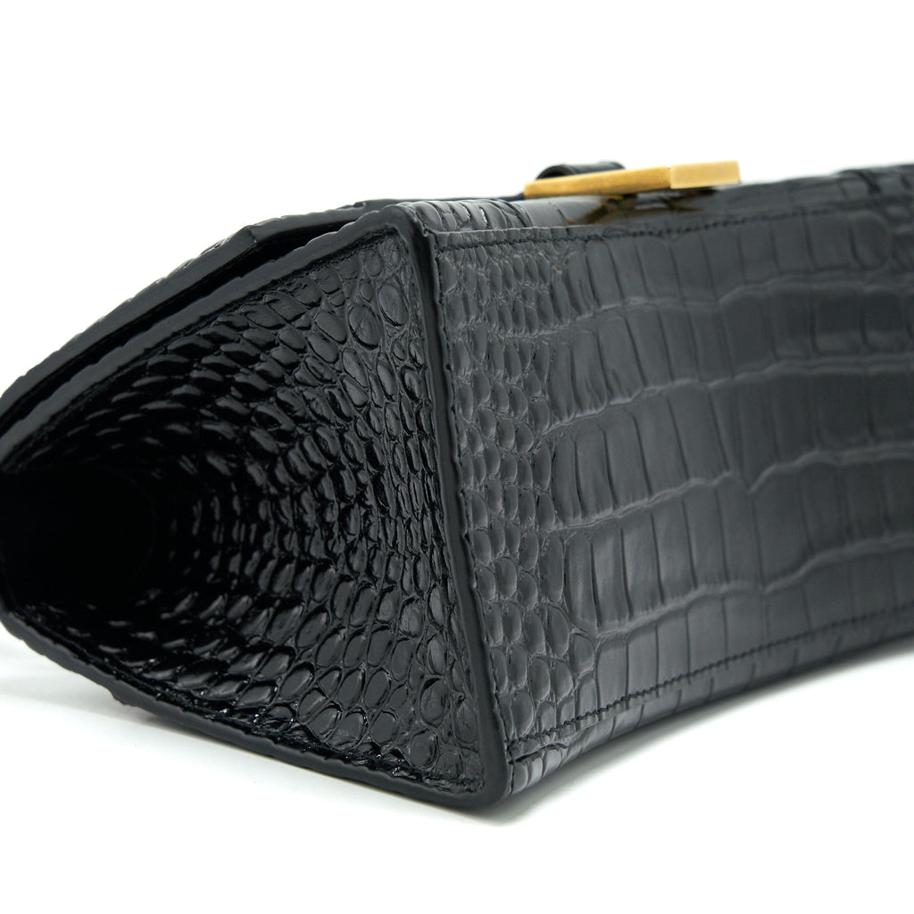 BALENCIAGA HOURGLASS S CROC EMBOSSED LEATHER HANDBAG BLACK GHW