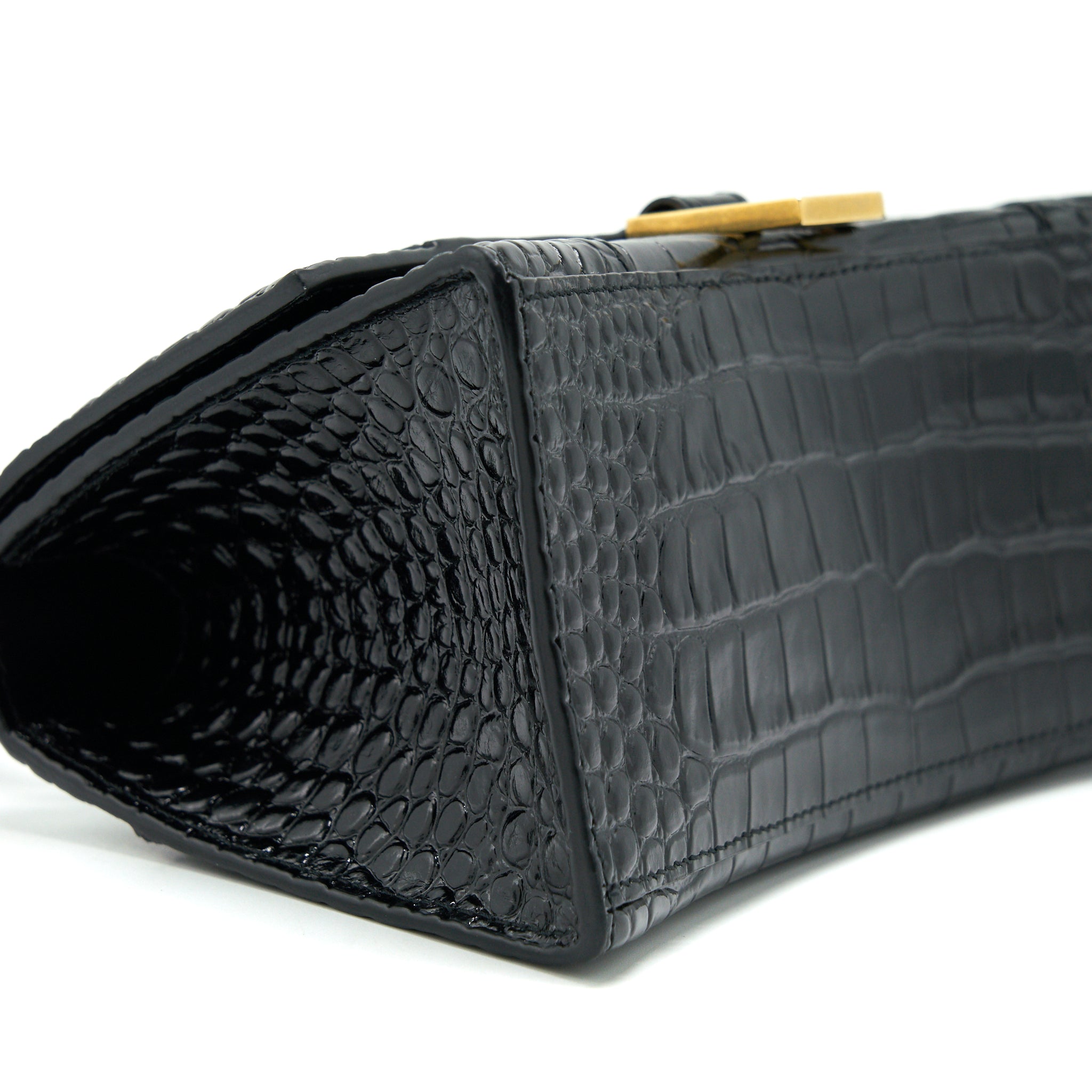 BALENCIAGA HOURGLASS S CROC EMBOSSED LEATHER HANDBAG BLACK GHW