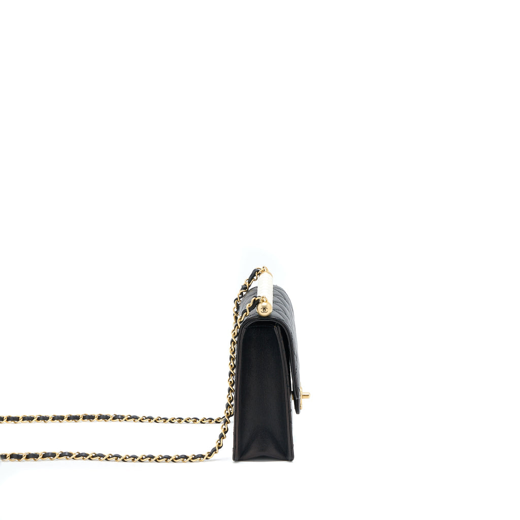 CHANEL VERTICAL PEARL FLAP BAG GOATSKIN BLACK GHW