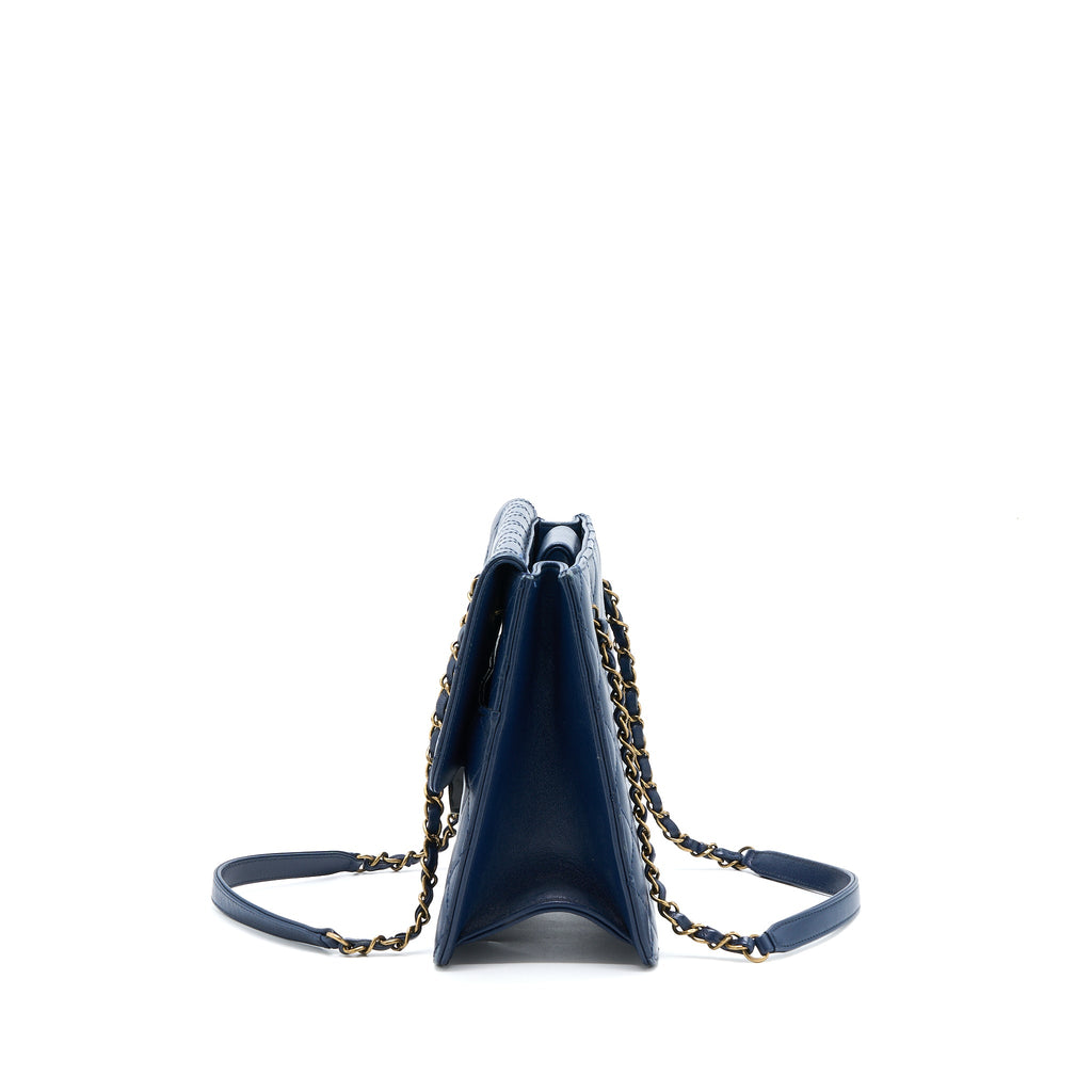 CHANEL QUILTED SHOULDER BAG GOATSKIN BLUE RUTHENIUM GHW