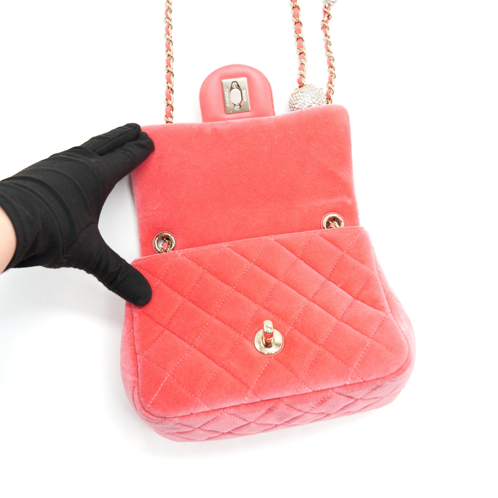 CHANEL VELVET QUILTED MINI SQUARE PEARL CRUSH FLAP BAG PINK
