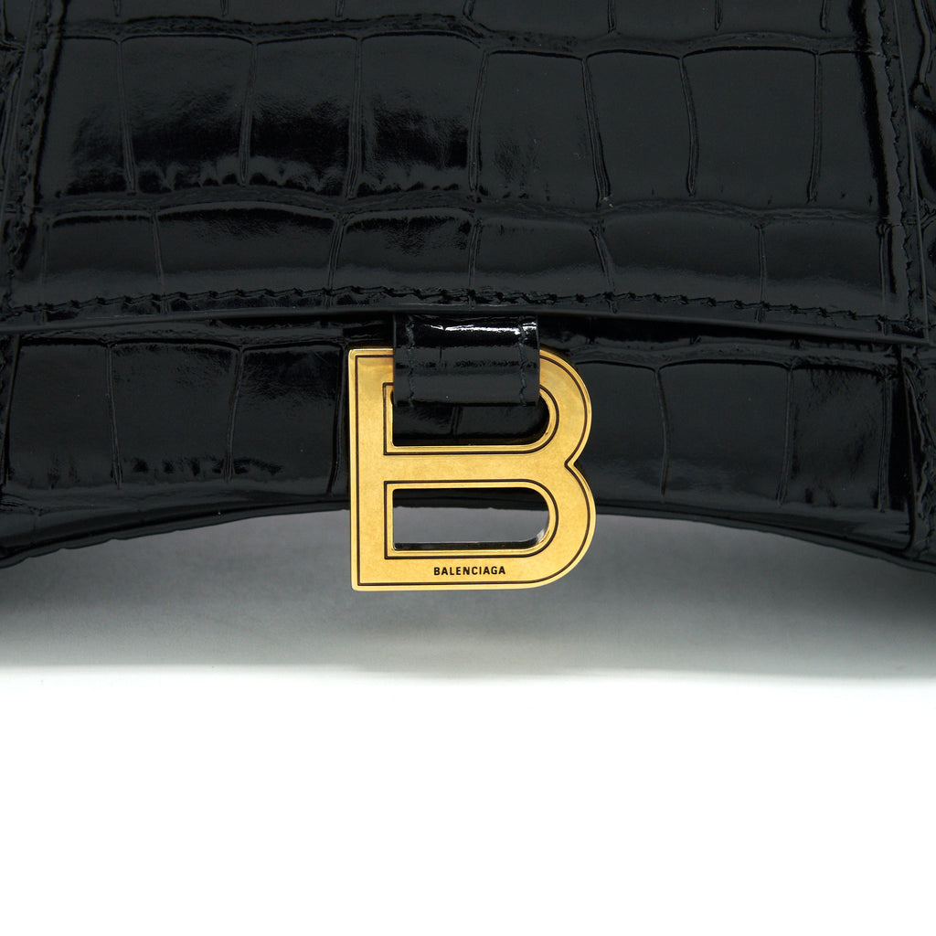BALENCIAGA HOURGLASS S CROC EMBOSSED LEATHER HANDBAG BLACK GHW