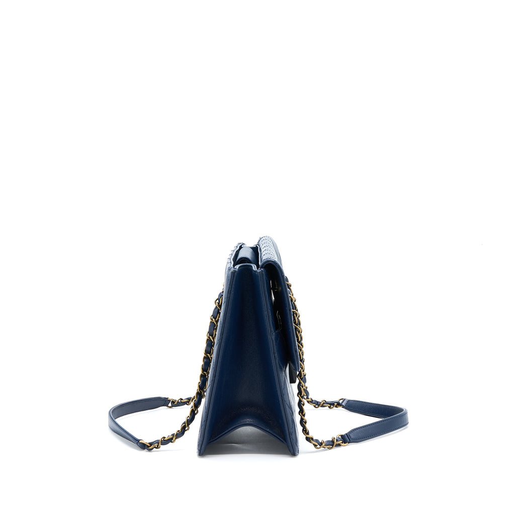 CHANEL QUILTED SHOULDER BAG GOATSKIN BLUE RUTHENIUM GHW