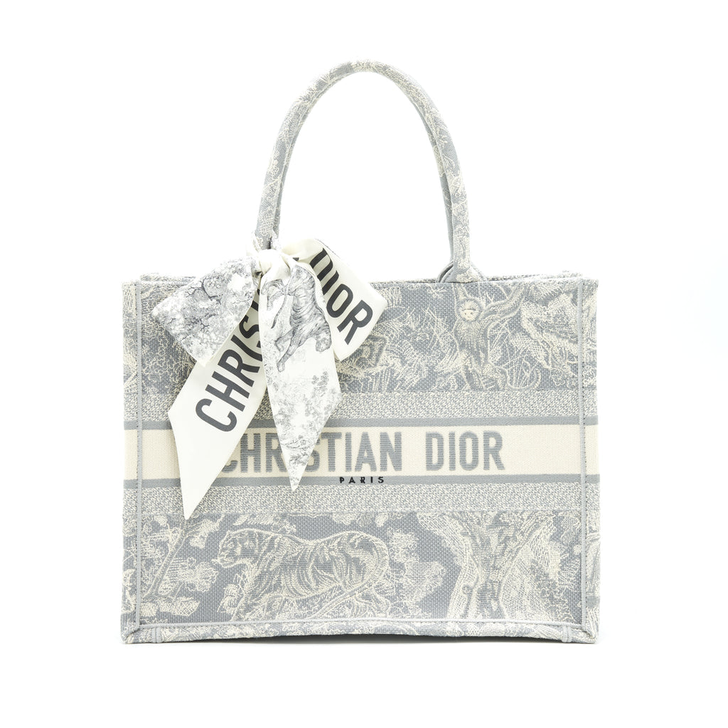 DIOR SMALL BOOK TOTE GRAY TOILE DE JOUY REVERSE EMBROIDERY WITH AN EXTRA SMALL SCARF