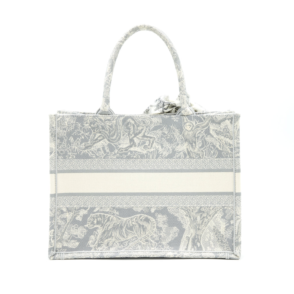 DIOR SMALL BOOK TOTE GRAY TOILE DE JOUY REVERSE EMBROIDERY WITH AN EXTRA SMALL SCARF