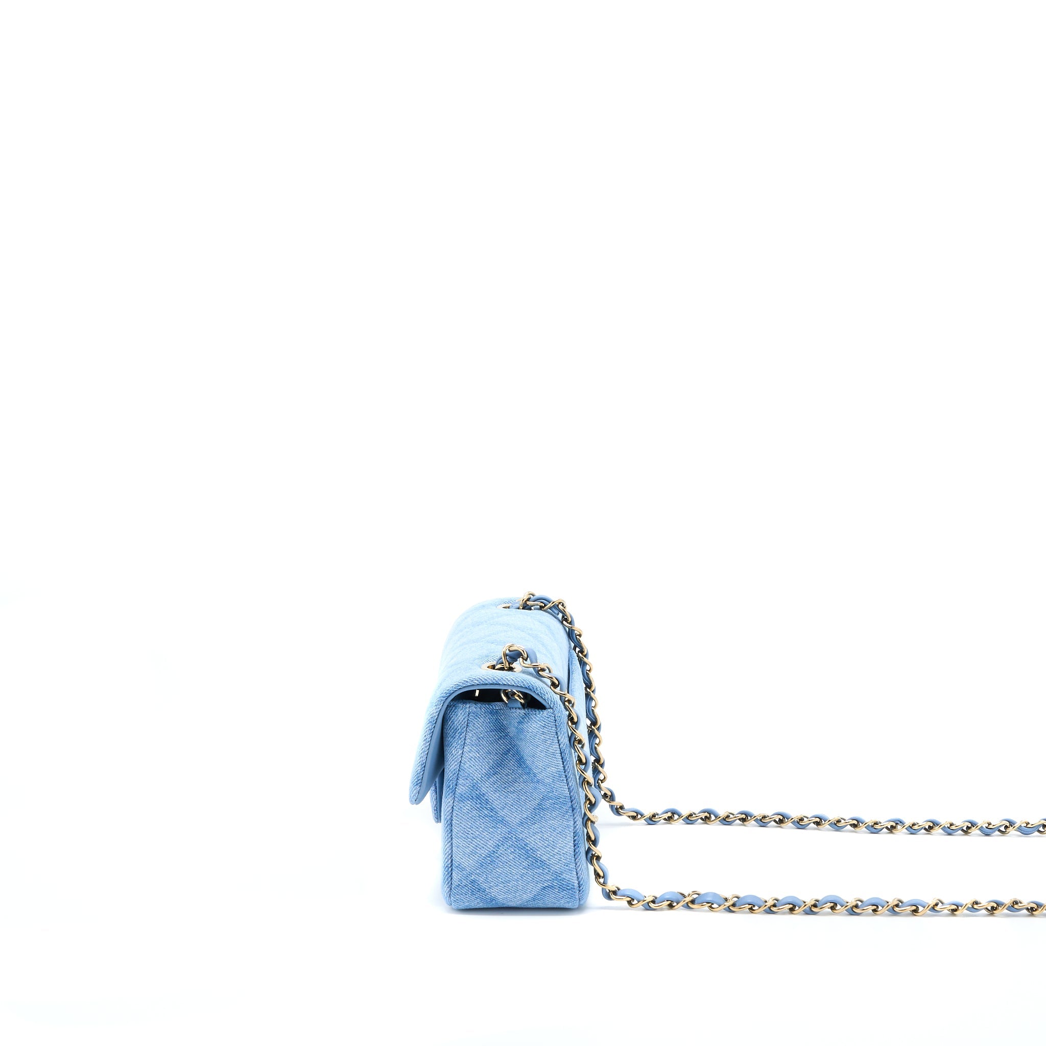 CHANEL 22B MINI RECTANGULAR DENIM LIGHT BLUE LGHW (MICROCHIP)